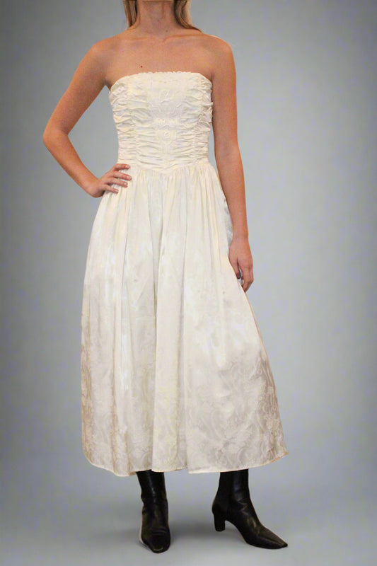 1970s Gunne Sax White Rouched Party Dress