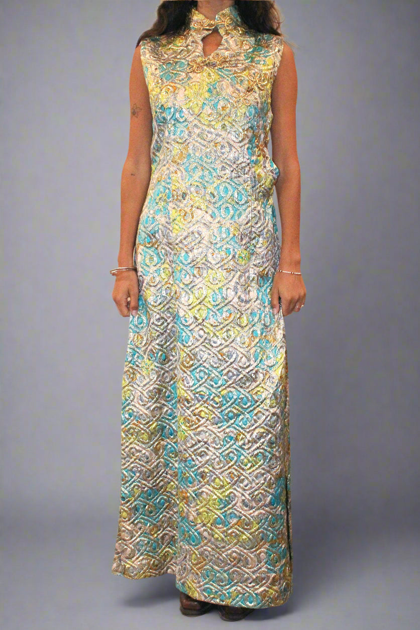 1960s Quilted Pastel Cheongsam Dress