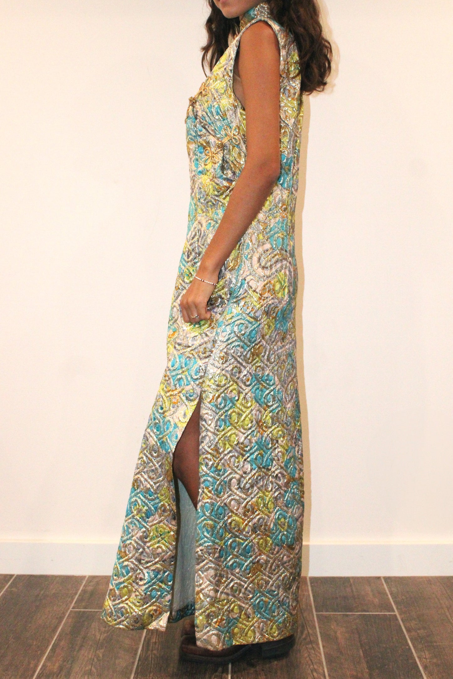 1960s Quilted Pastel Cheongsam Dress