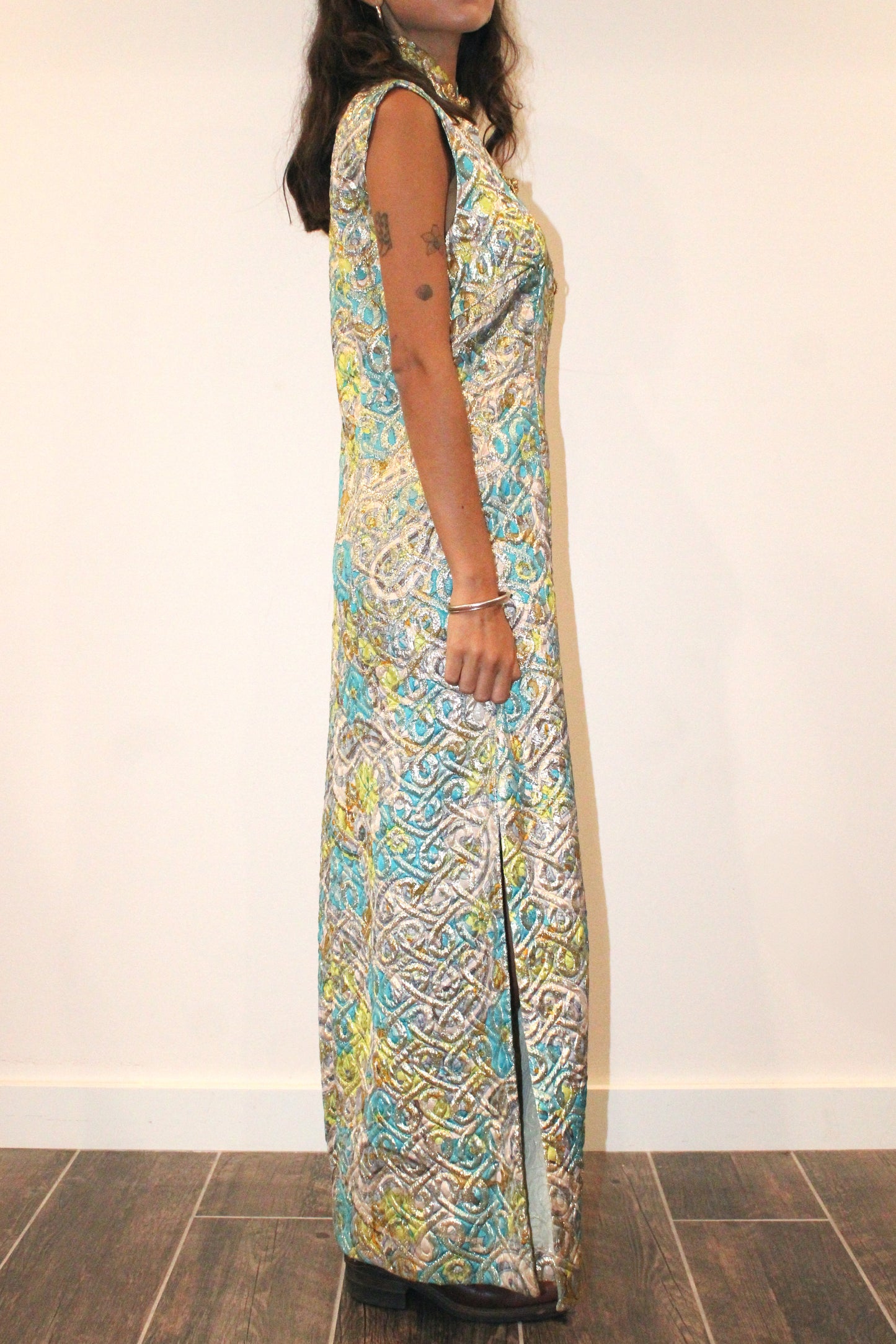 1960s Quilted Pastel Cheongsam Dress