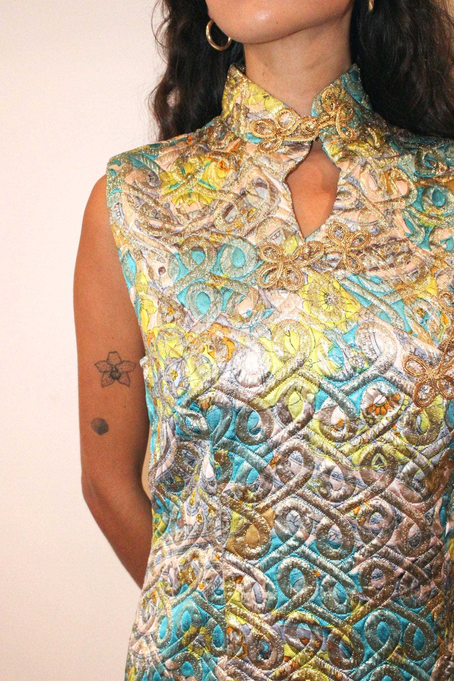 1960s Quilted Pastel Cheongsam Dress