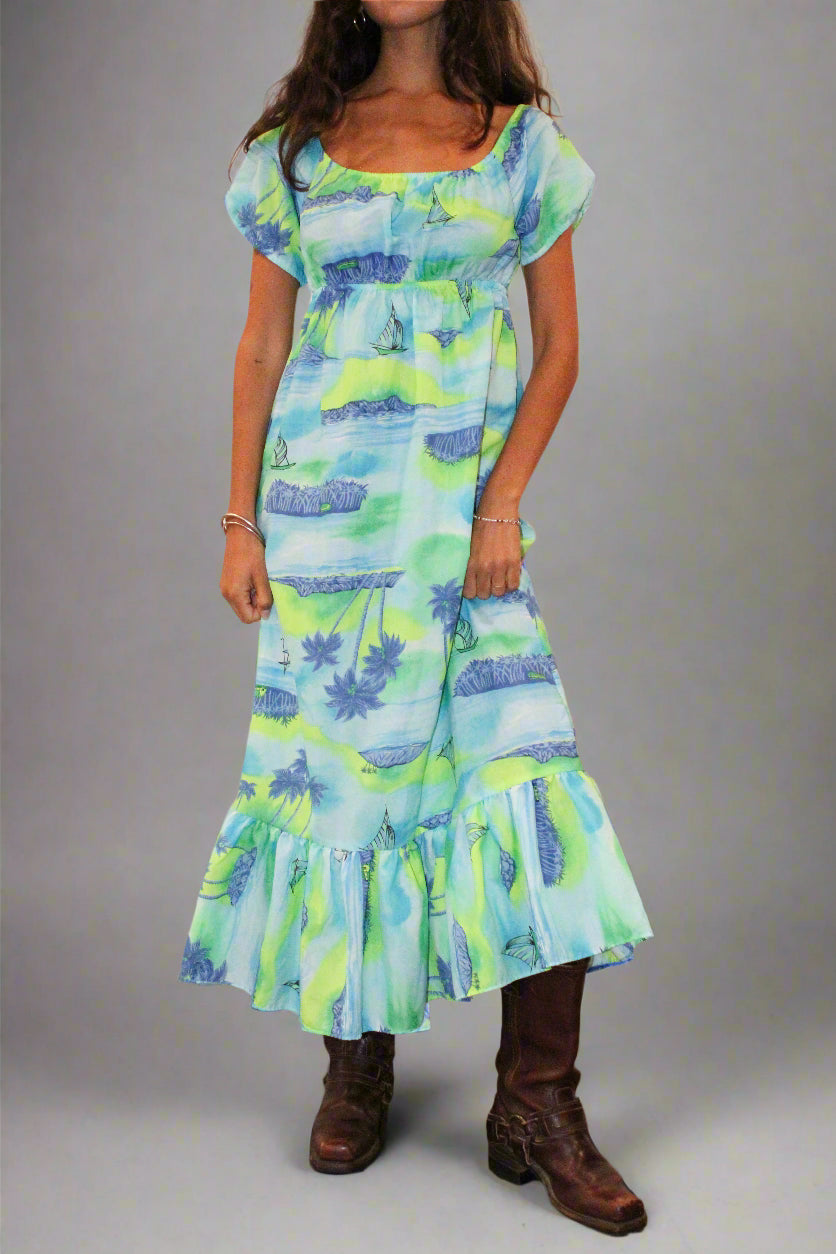 1960s Sky Blue Island Print Muʻumuʻu