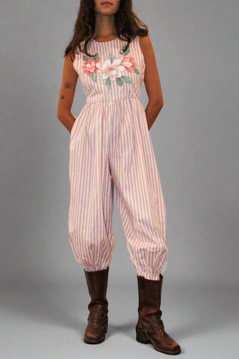 1990s Pinstripe Mauve Cotton Jumpsuit