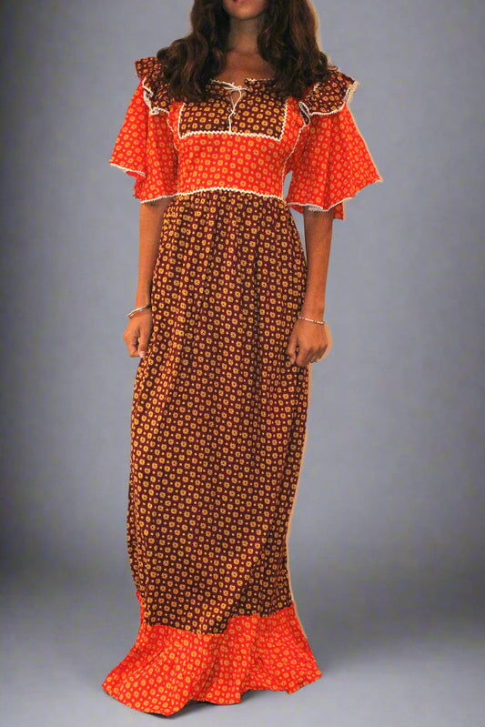 1970s Cotton Plum Patchwork Maxi Dress