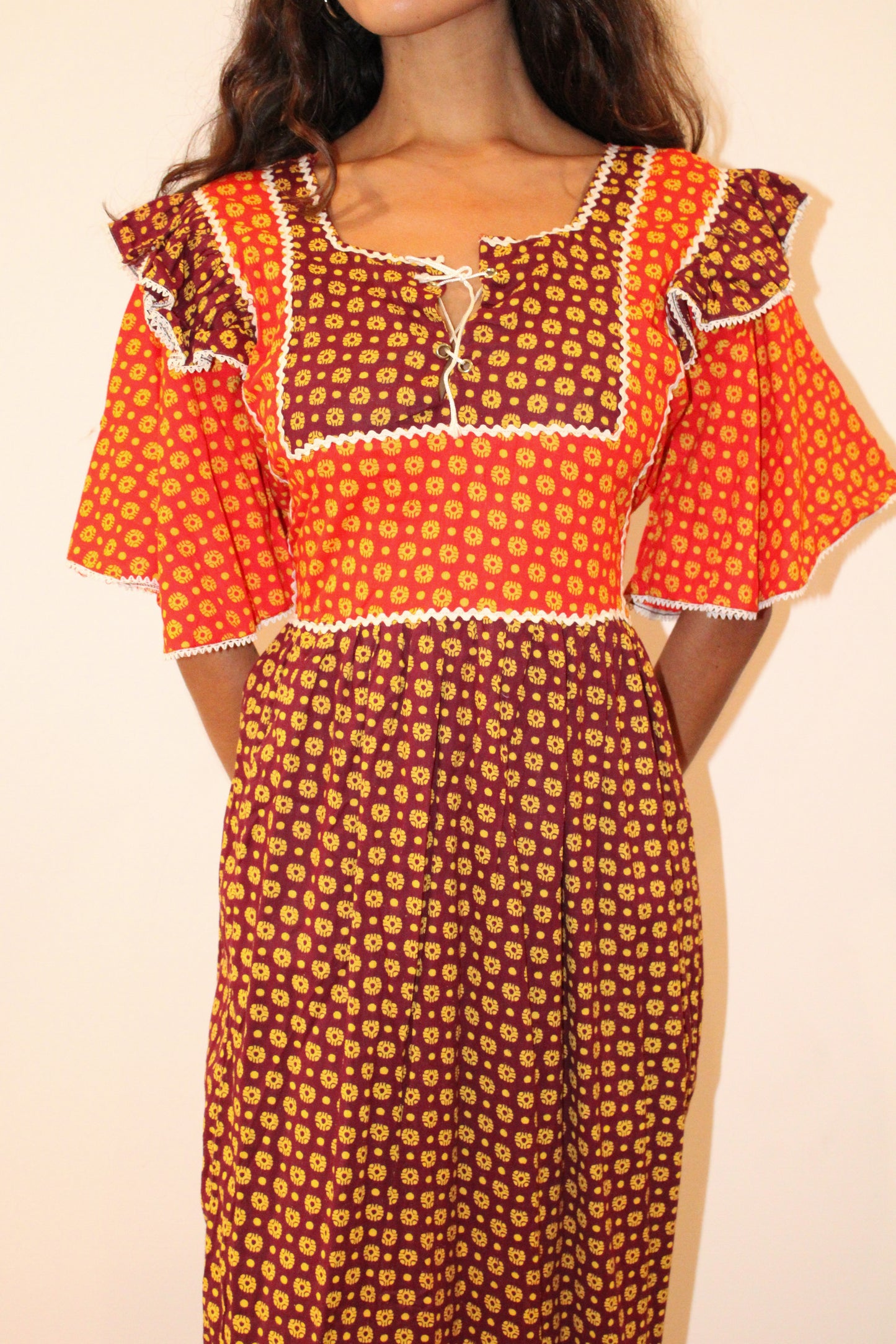 1970s Cotton Plum Patchwork Maxi Dress