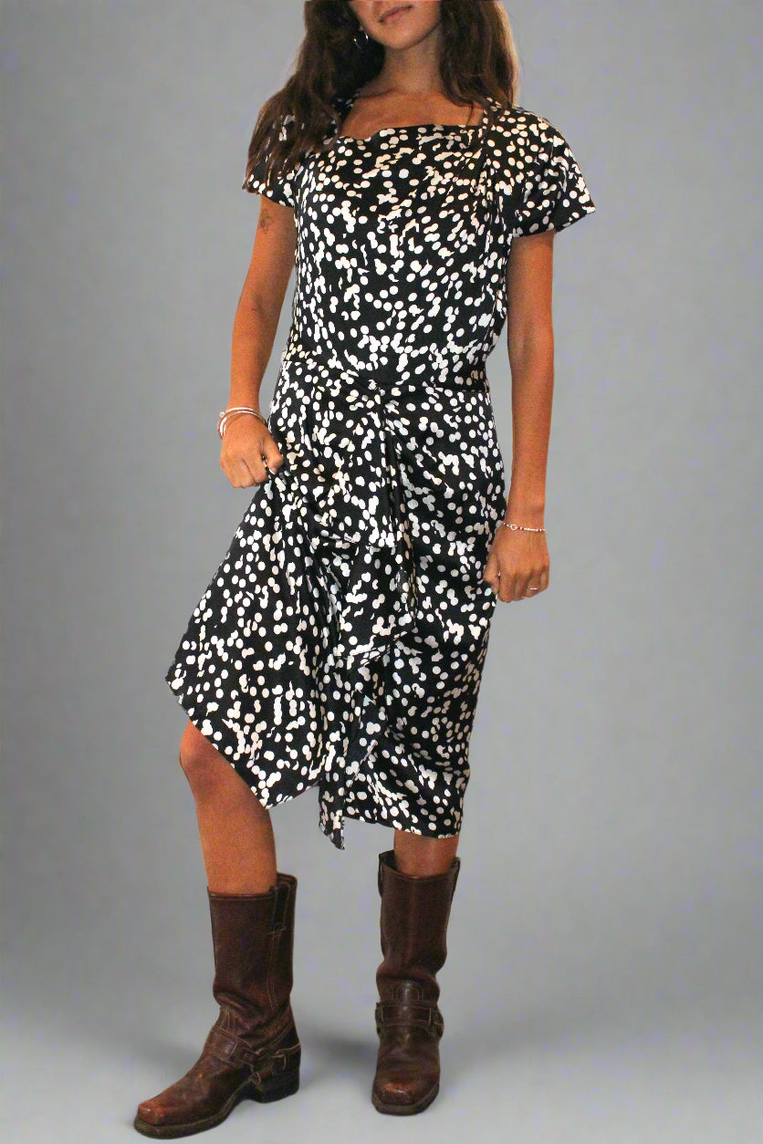 1990s Silk Navy Polka Dot Midi Dress