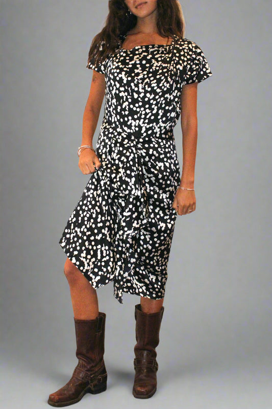 1990s Silk Navy Polka Dot Midi Dress