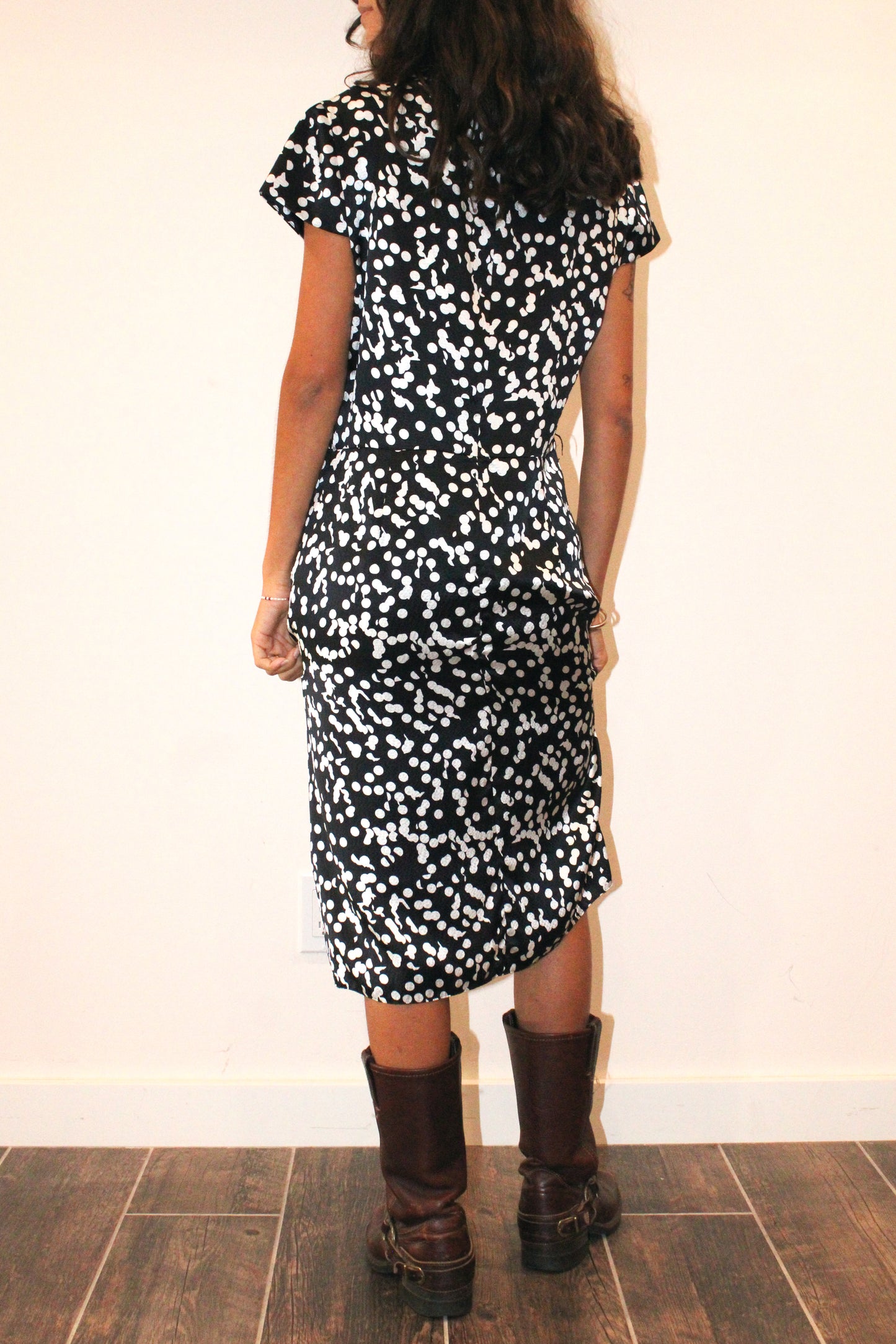 1990s Silk Navy Polka Dot Midi Dress