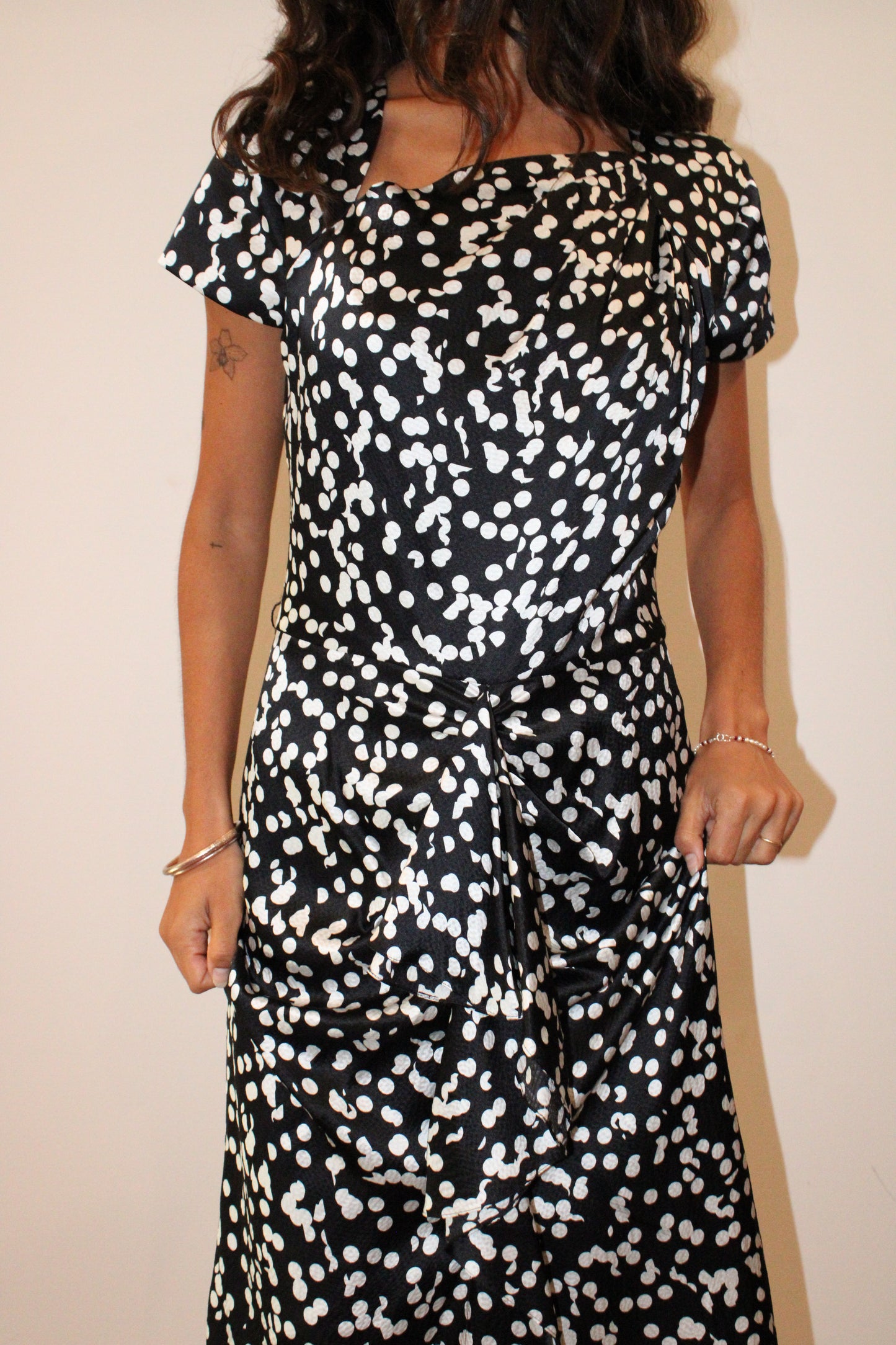 1990s Silk Navy Polka Dot Midi Dress