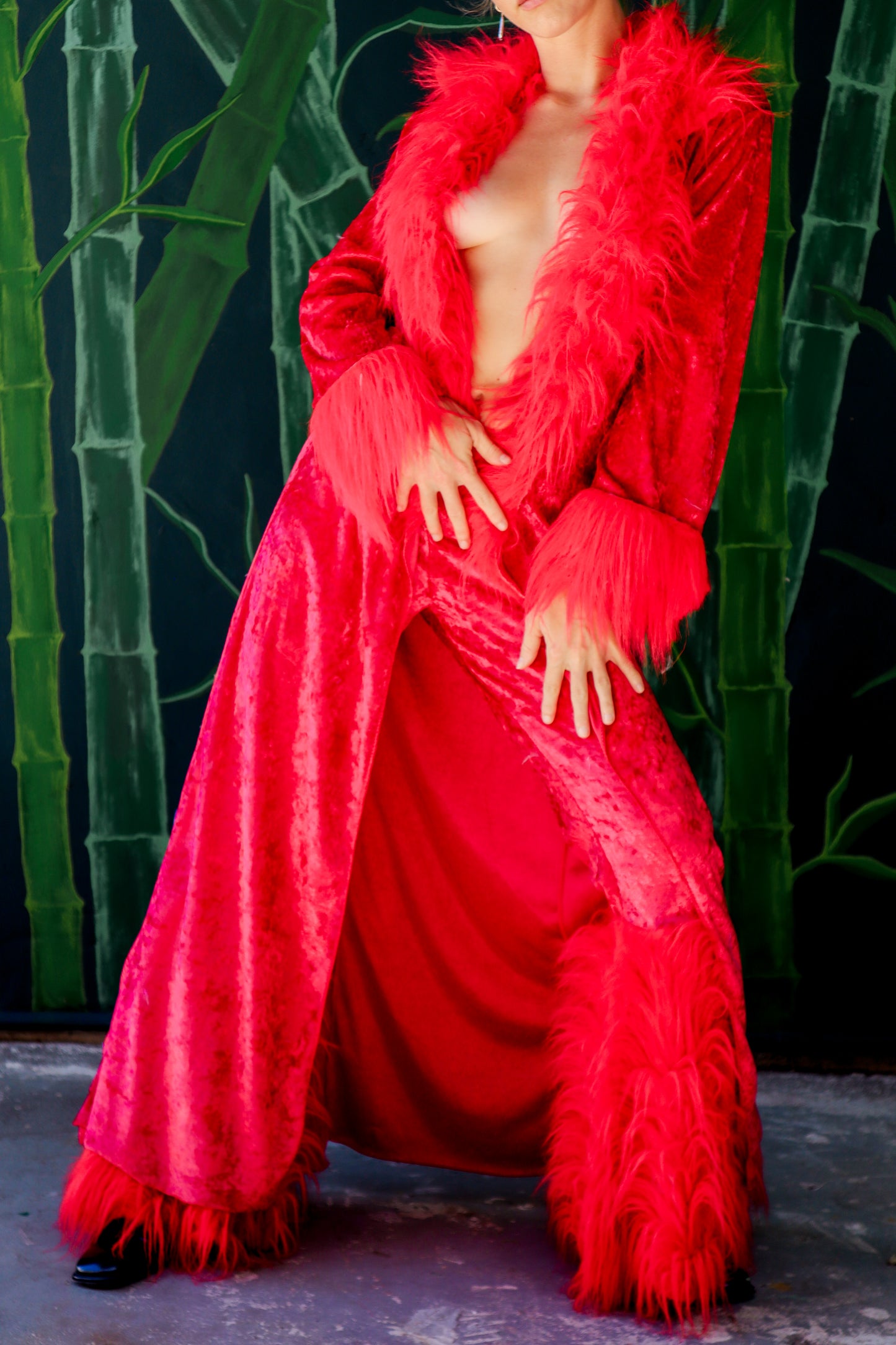 Velvet Red Fluff Pants and Duster