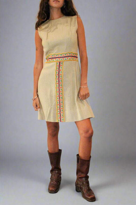 1970s Beige Sleeveless Mini Dress