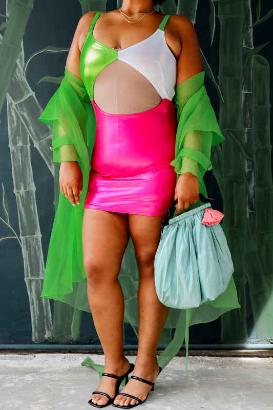 Sexy Metallic Pink and Green Cut Out Mini Dress