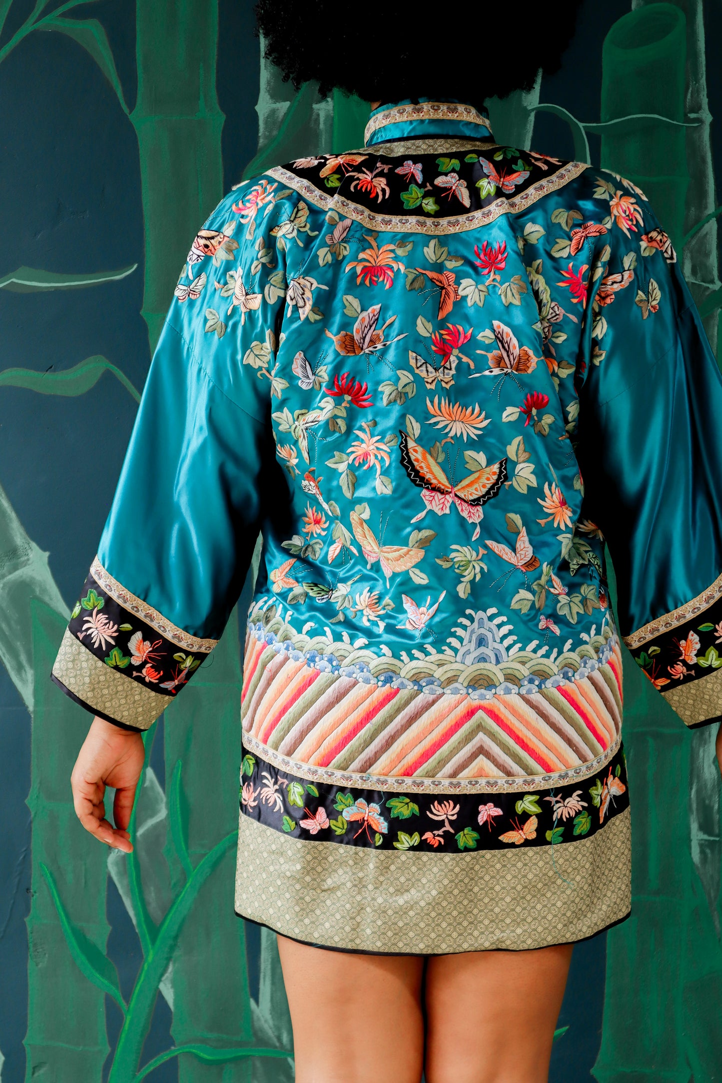 Vintage Blue Embroidered Mini Qipao