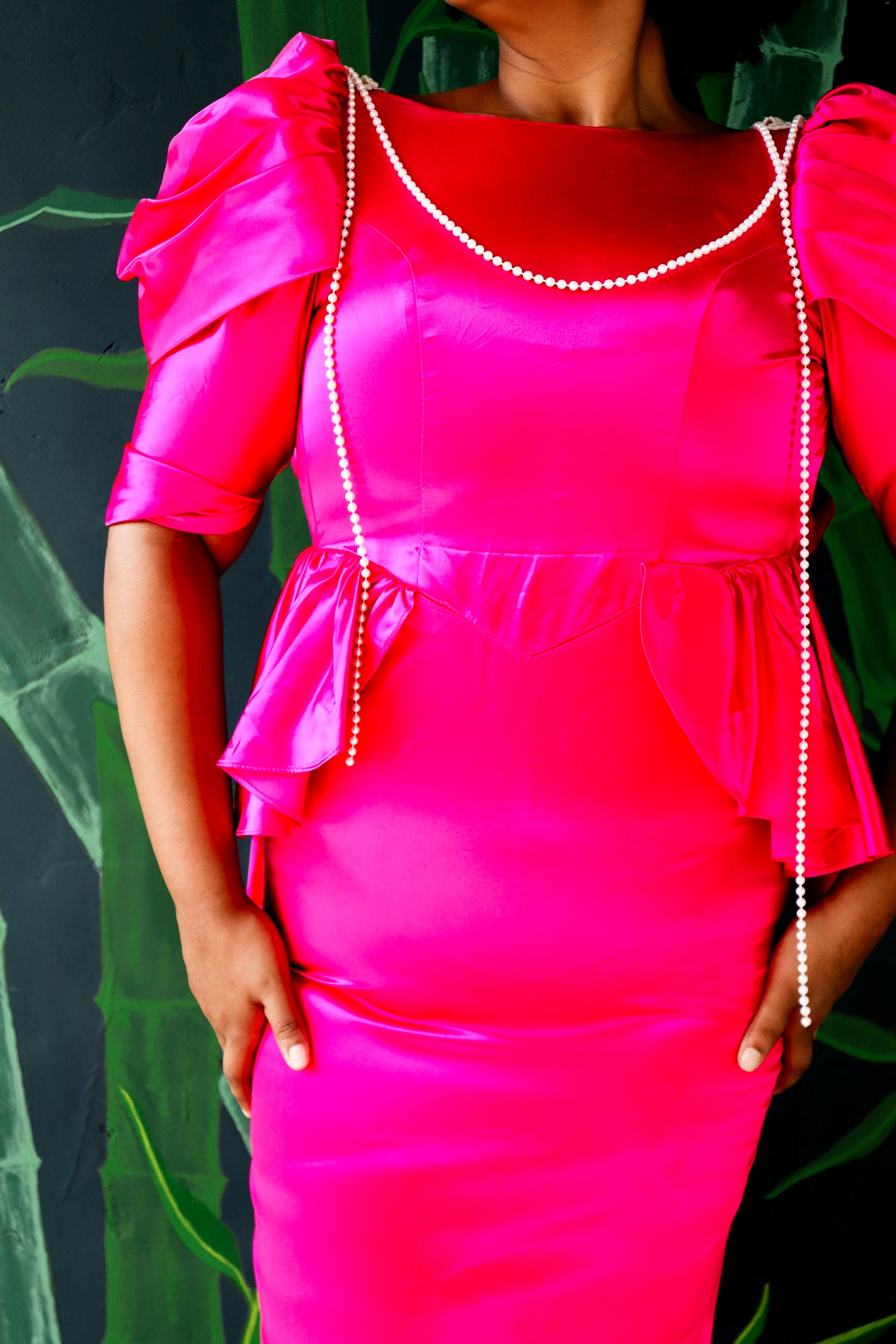 Vintage 1980s Hot Pink and Pearl Peplum Dress