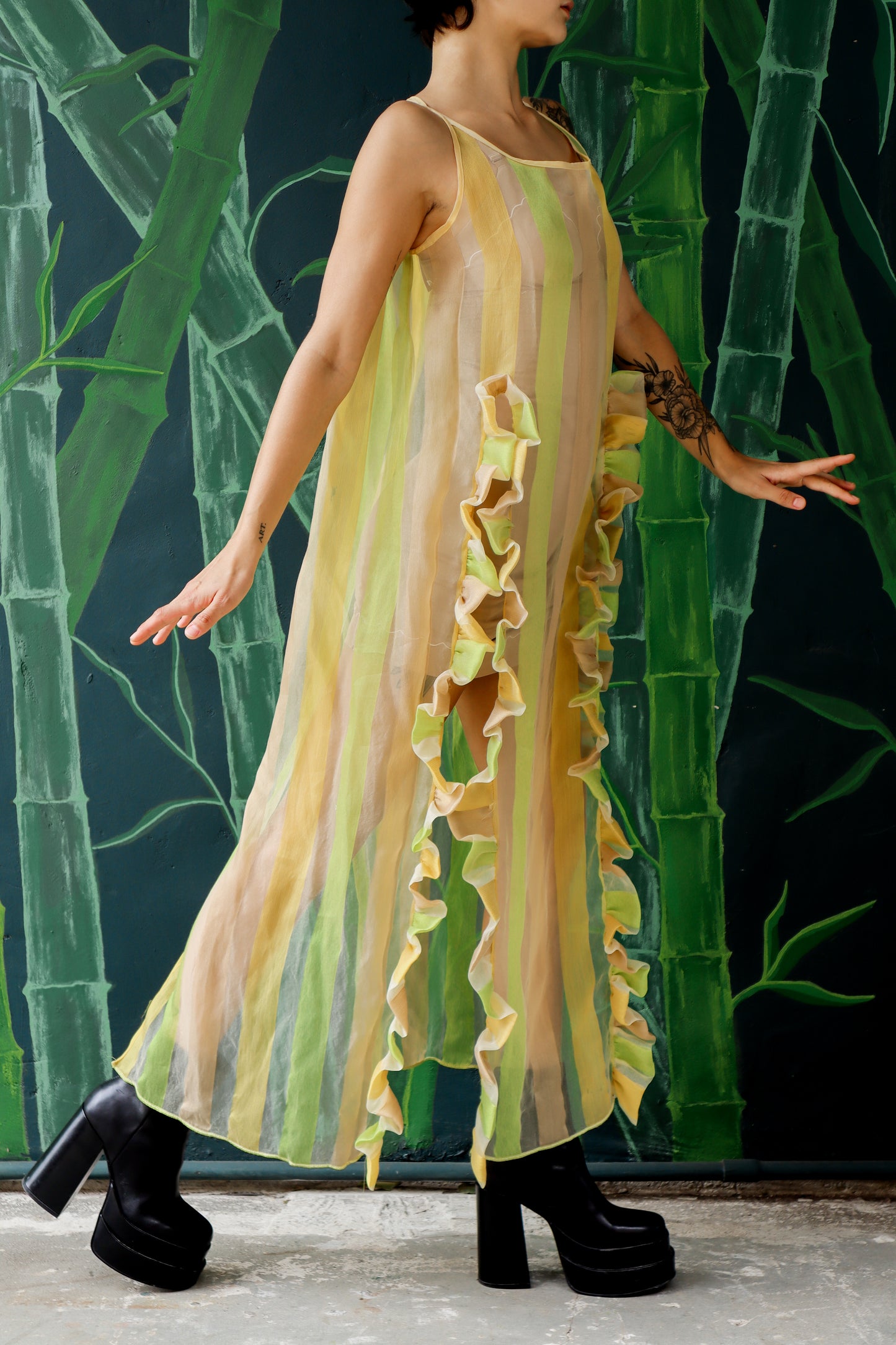 Sheer Yellow Ruffle Maxi Dress by Caramiya