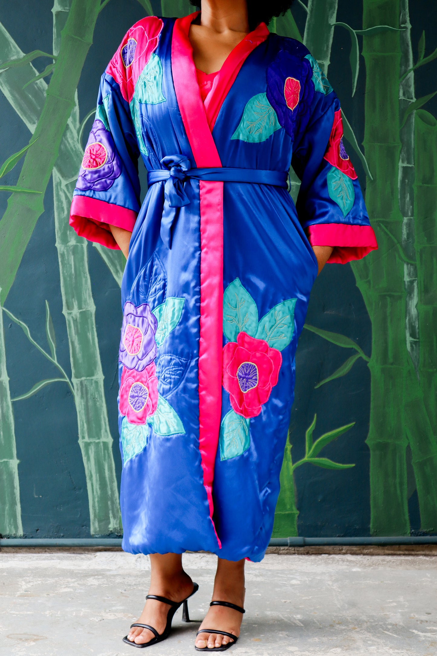 1960s Plush Silky Robe with Floral Details