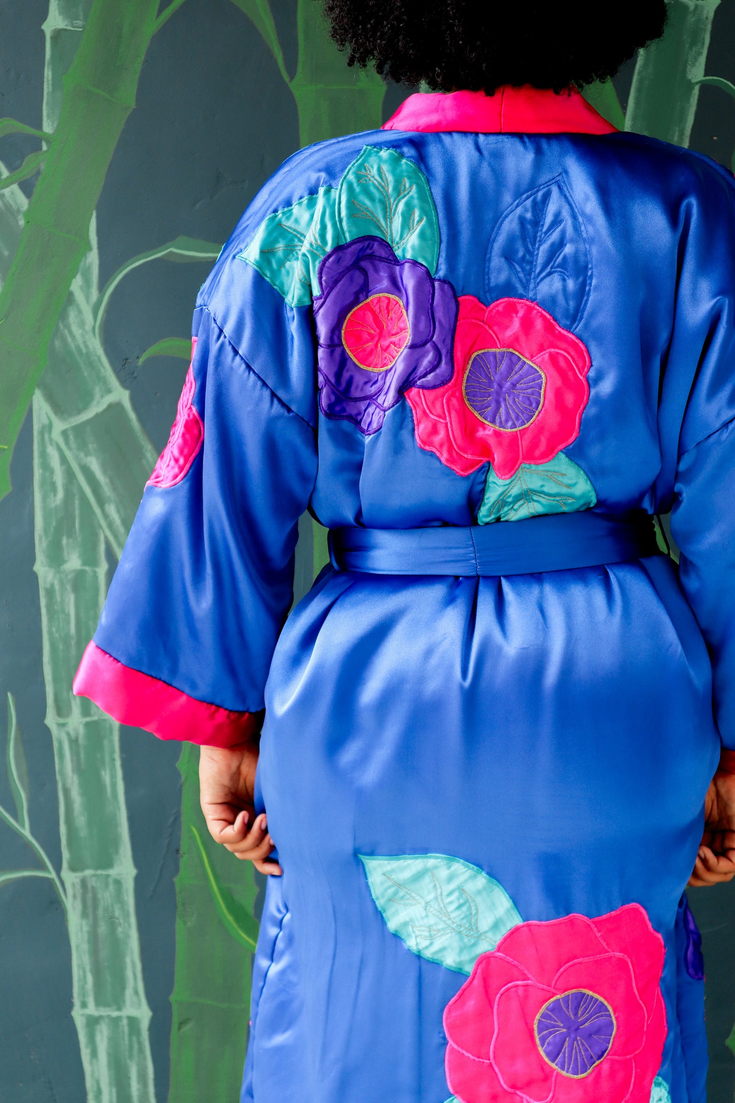 1960s Plush Silky Robe with Floral Details