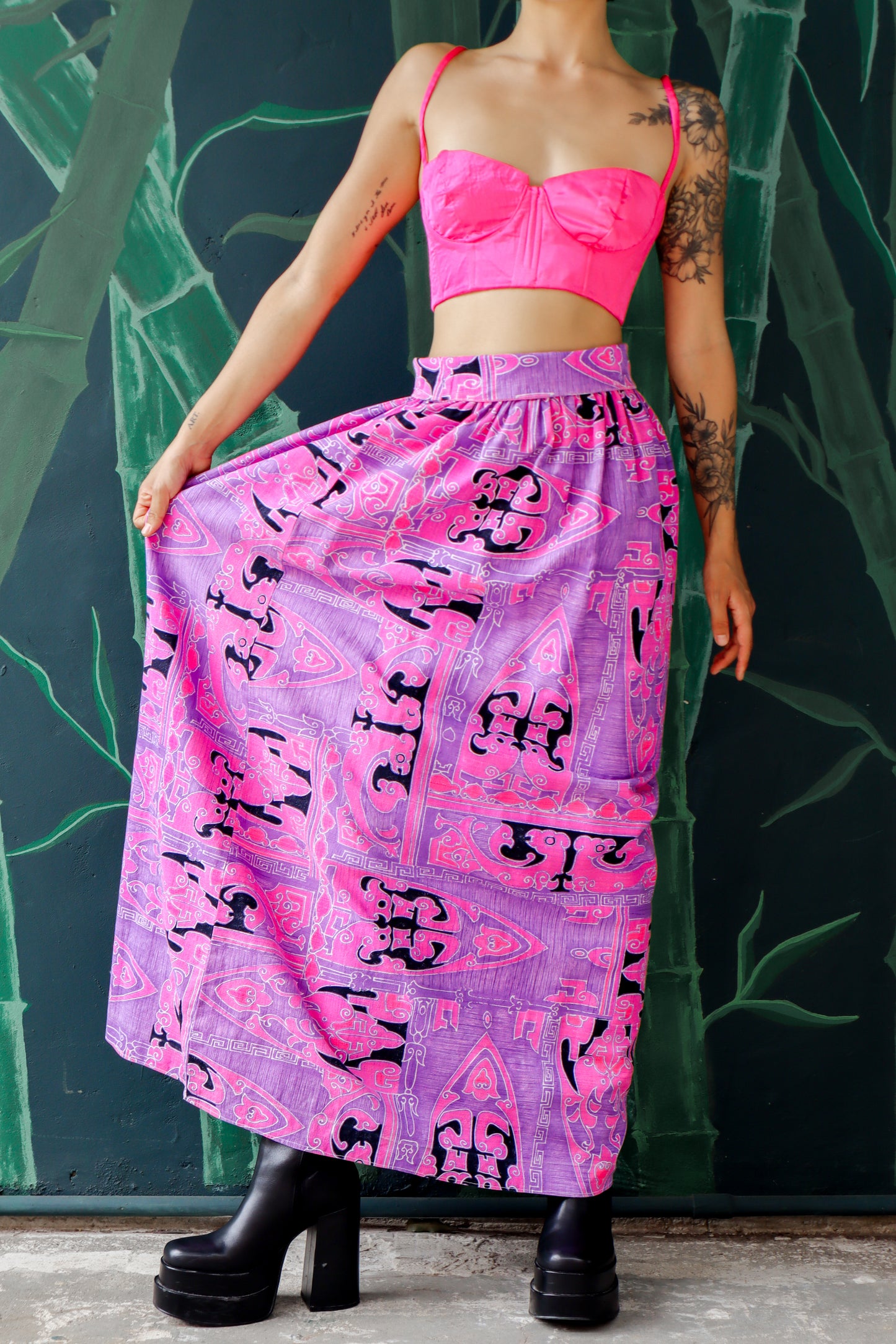 1960s Pink and Purple Barkcloth Maxi Skirt