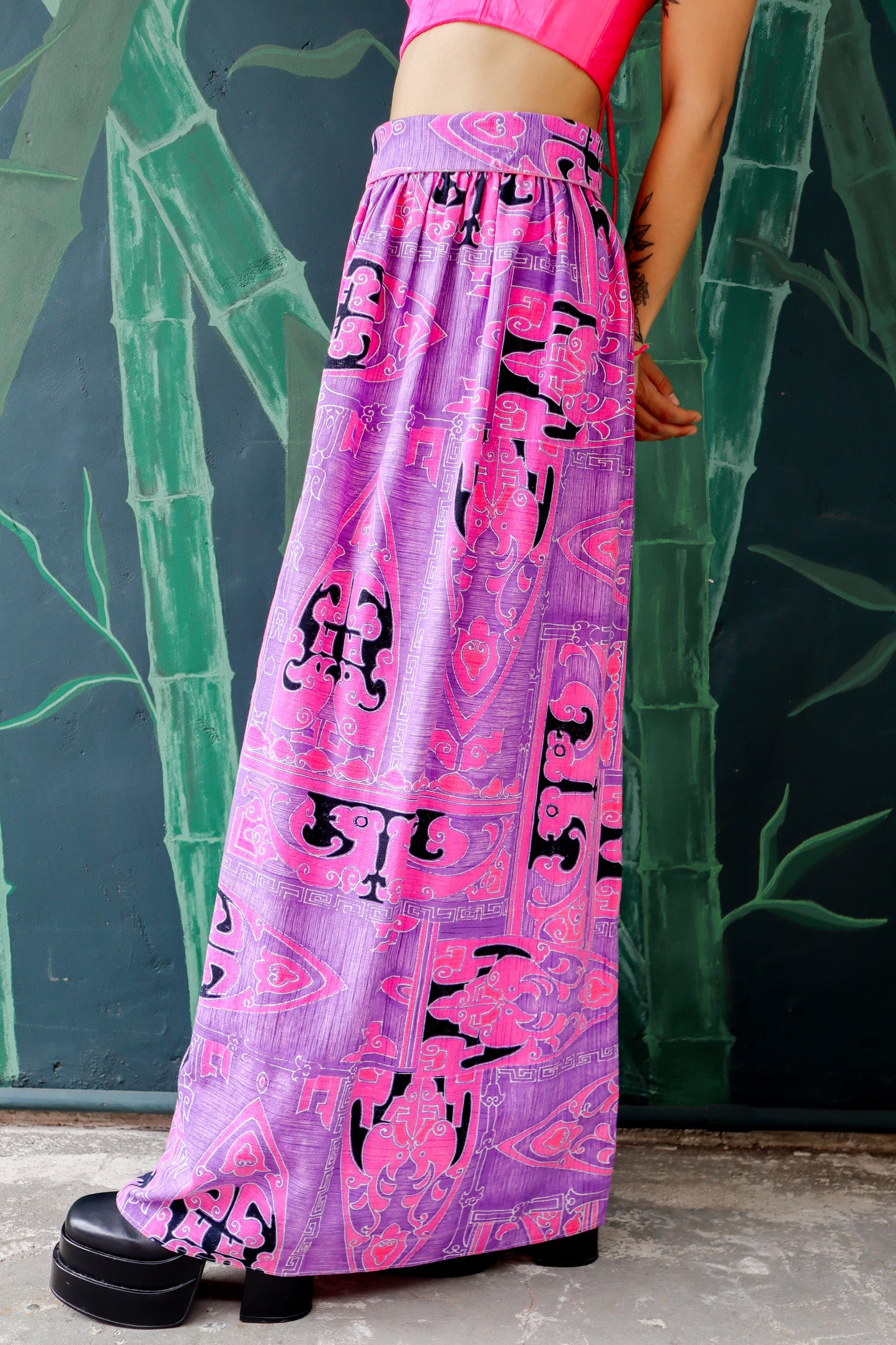 1960s Pink and Purple Barkcloth Maxi Skirt