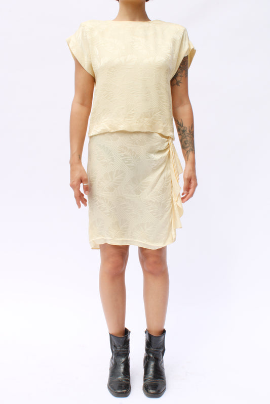 1980s Buttercream Leaf Damask Print Silk Mini Dress