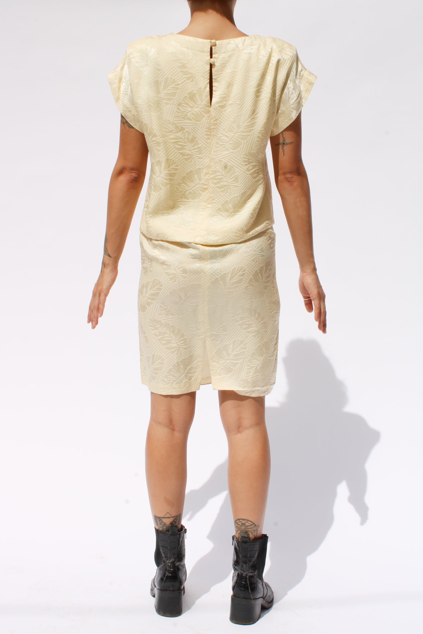 1980s Buttercream Leaf Damask Print Silk Mini Dress