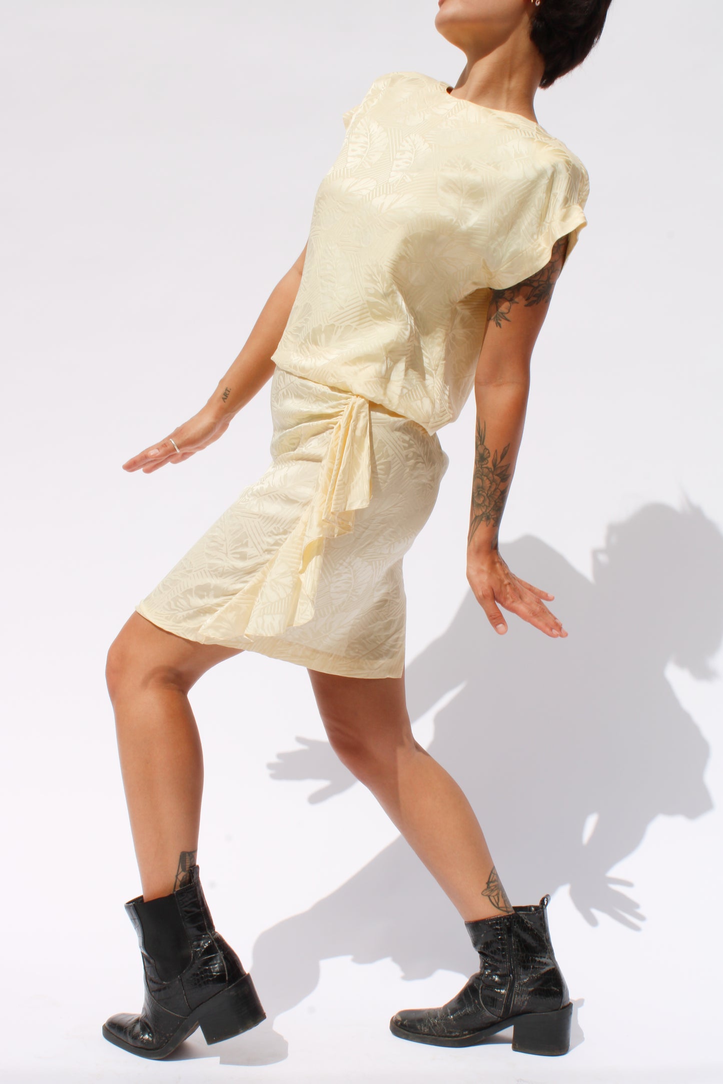 1980s Buttercream Leaf Damask Print Silk Mini Dress