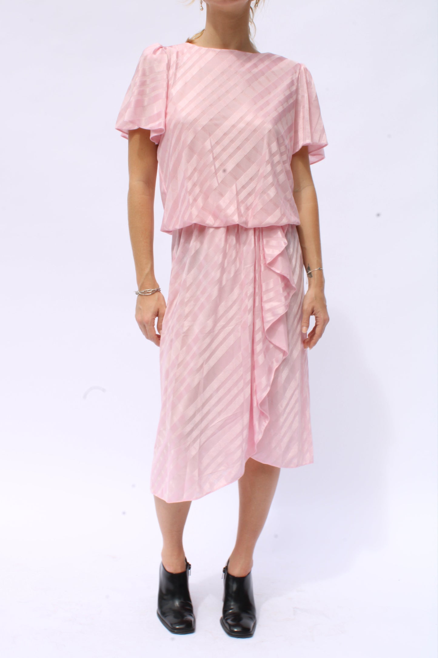 1980s Baby Pink Striped Damask Midi Dress