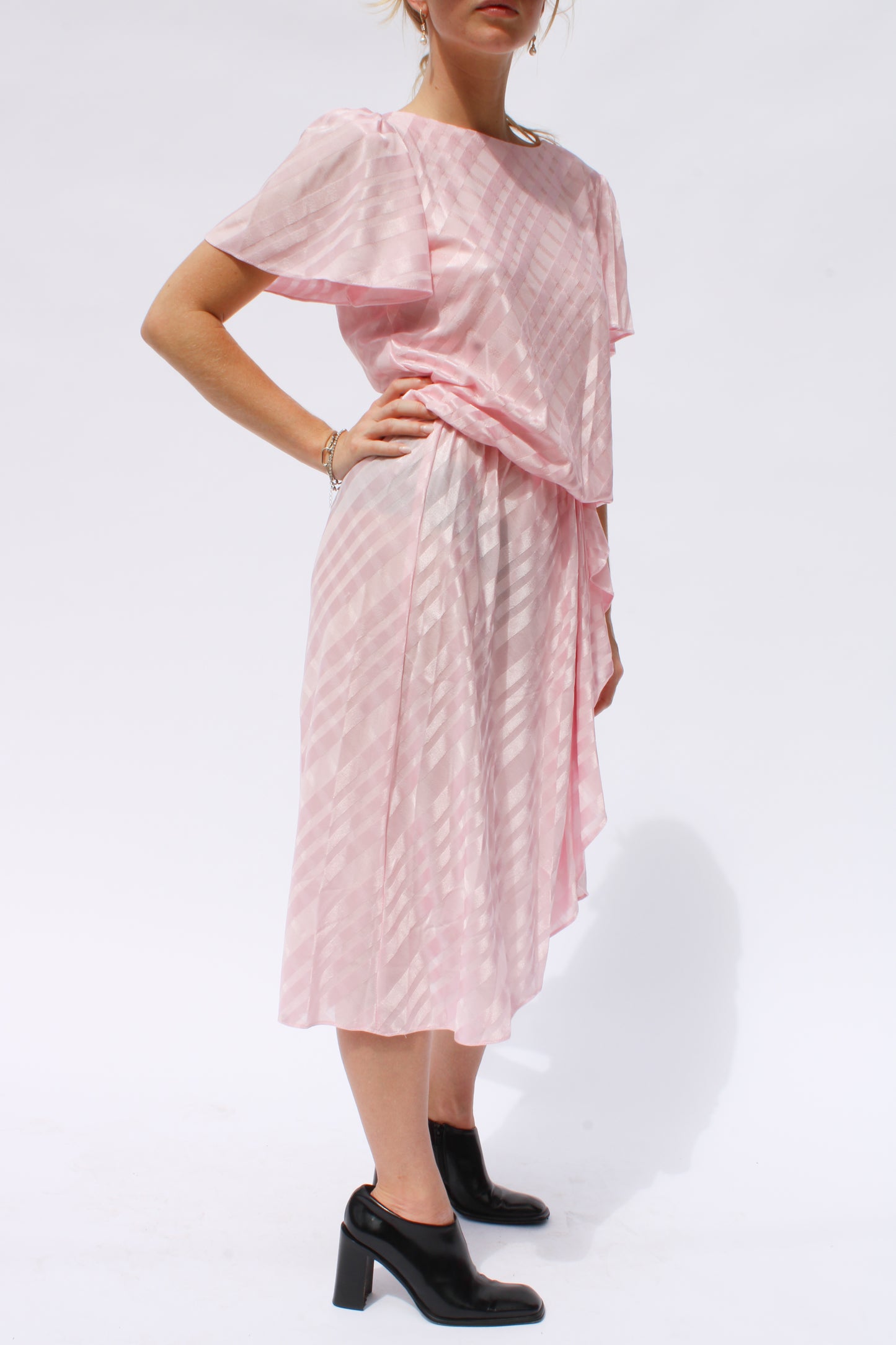 1980s Baby Pink Striped Damask Midi Dress