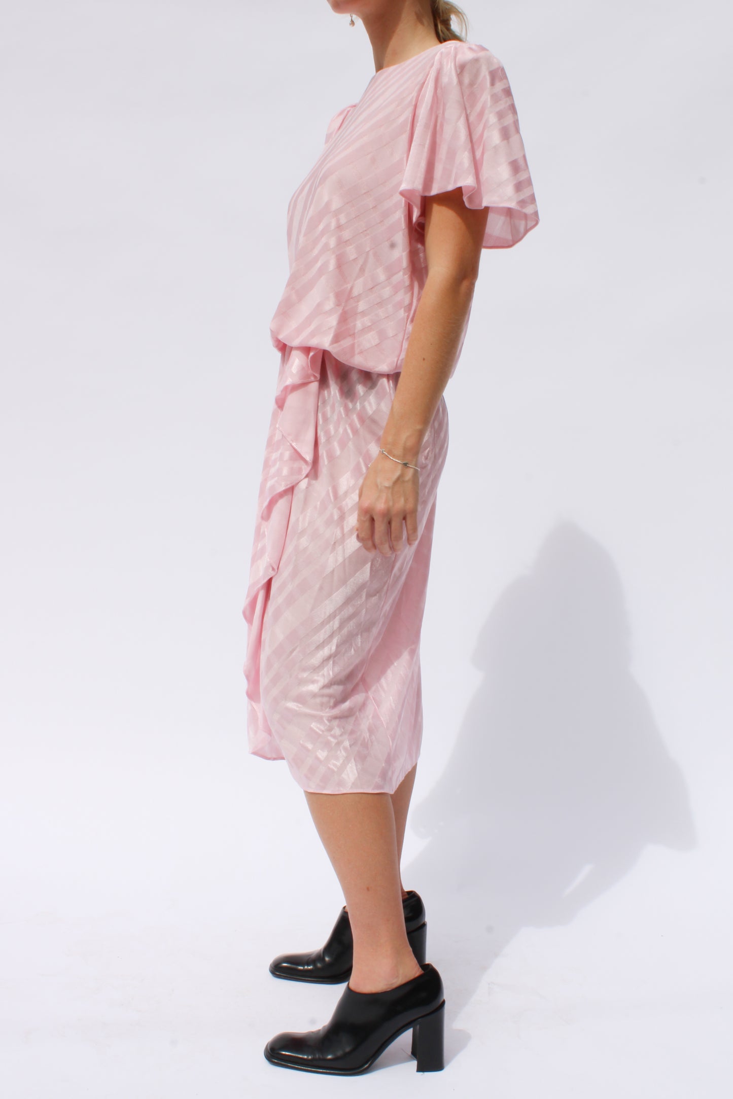 1980s Baby Pink Striped Damask Midi Dress