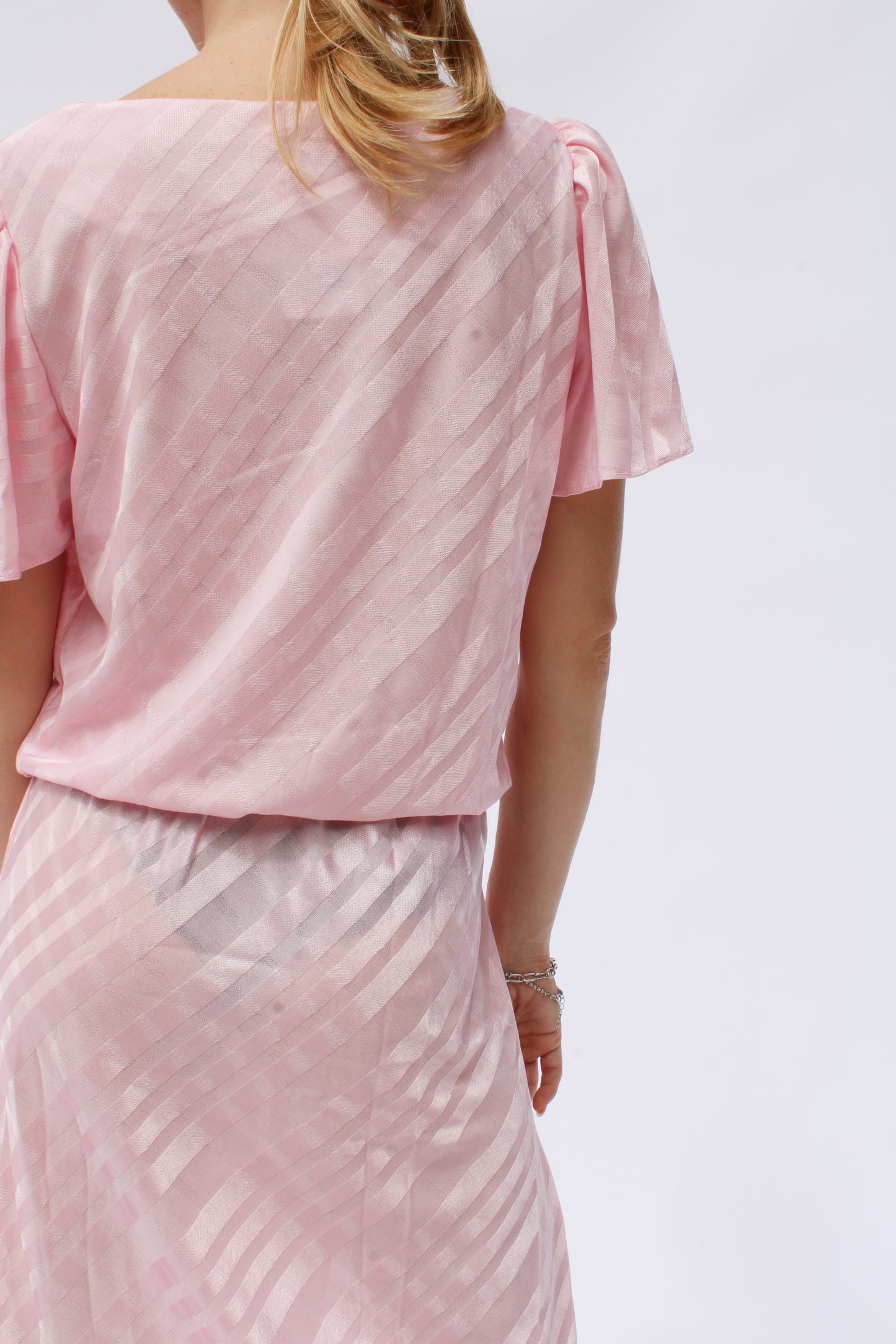 1980s Baby Pink Striped Damask Midi Dress