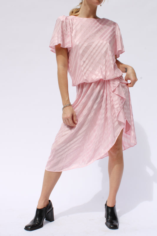 1980s Baby Pink Striped Damask Midi Dress