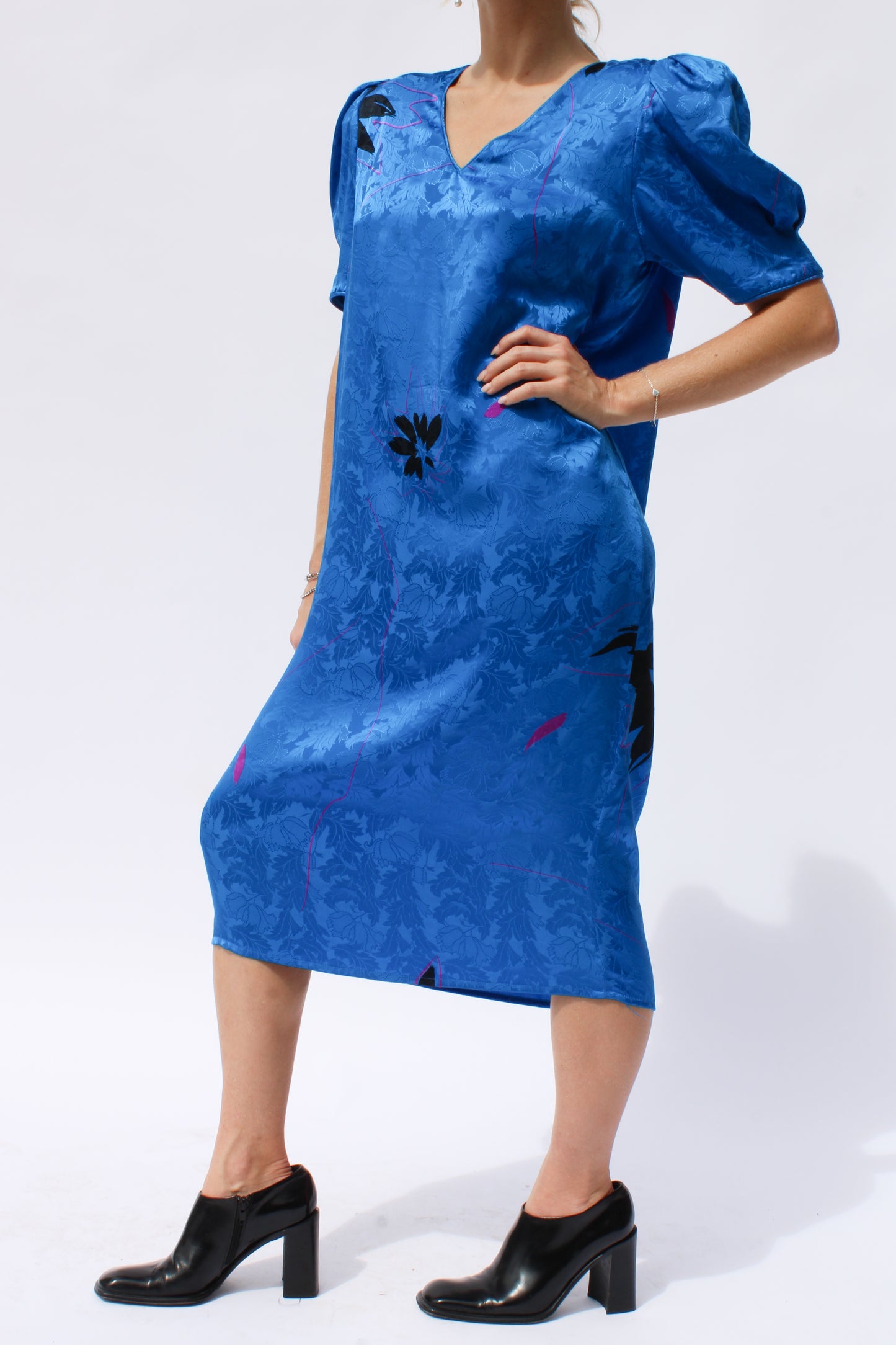 1980s Flora Kung Cobalt Blue Damask Puff Sleeve Midi Dress