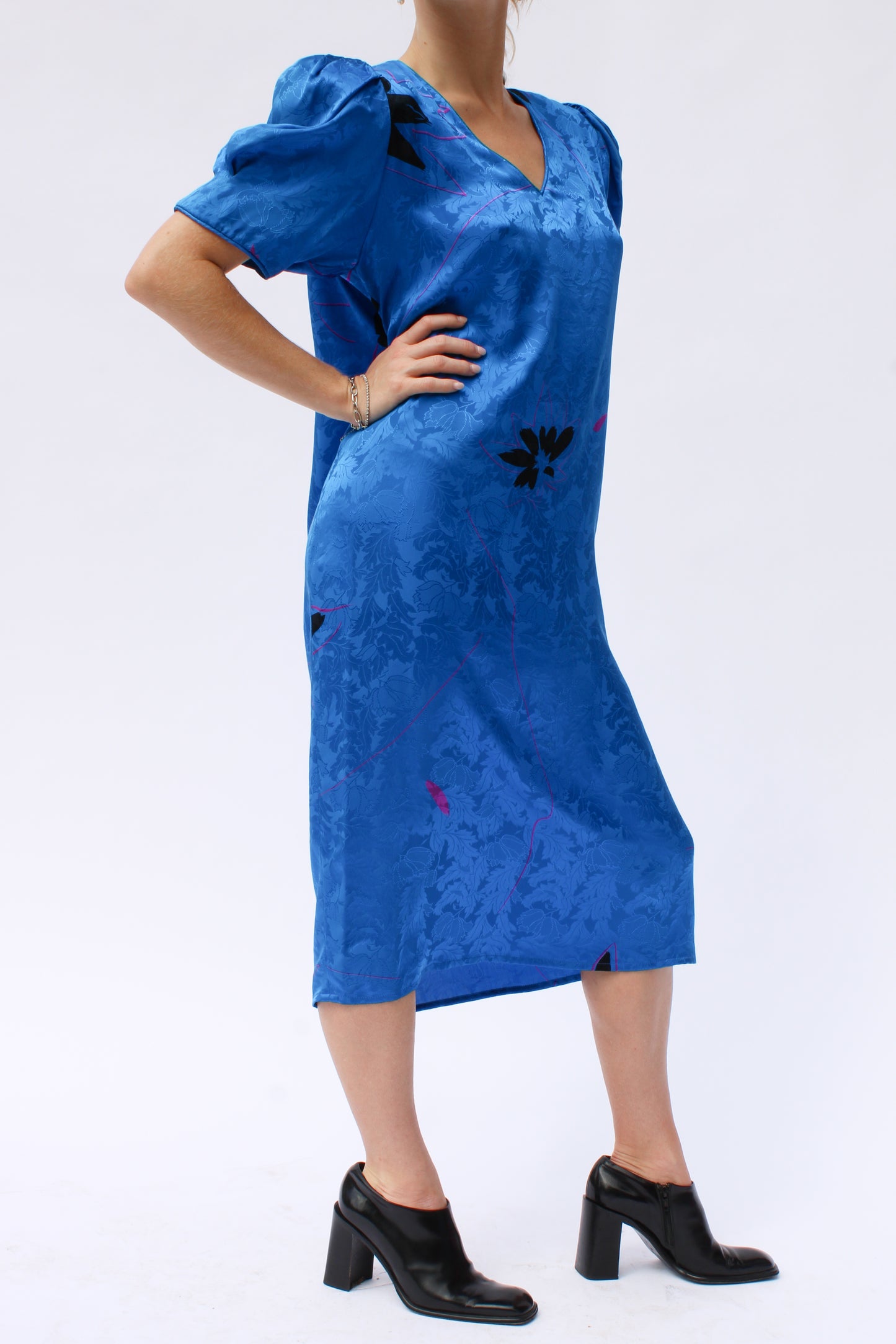 1980s Flora Kung Cobalt Blue Damask Puff Sleeve Midi Dress