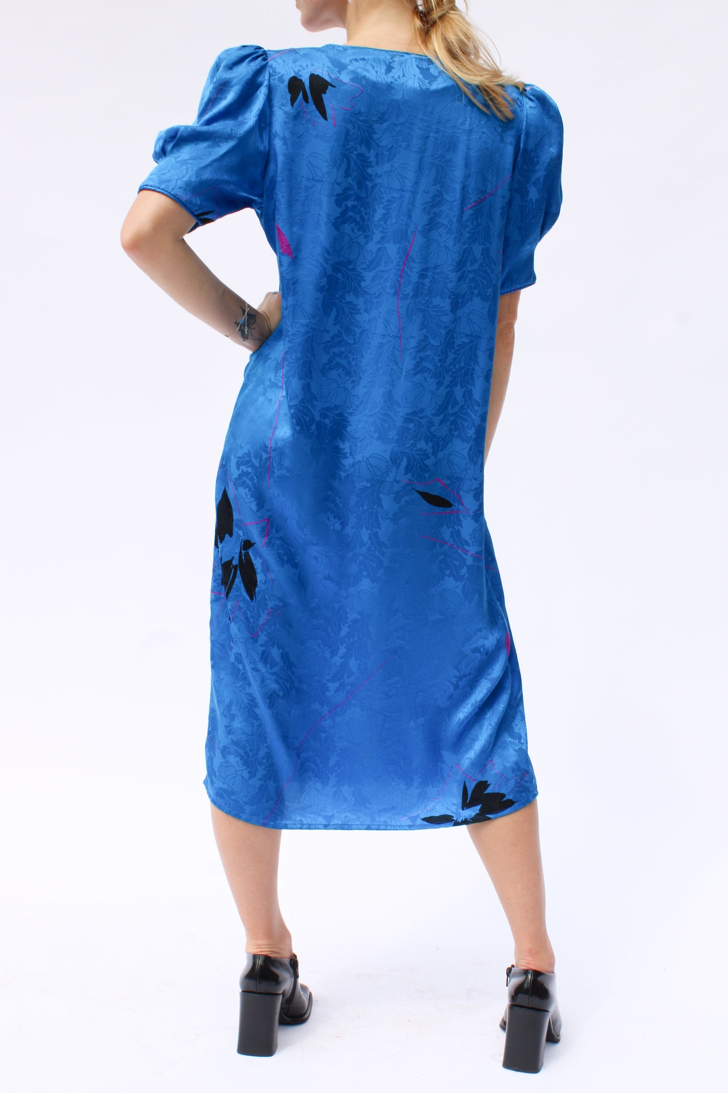 1980s Flora Kung Cobalt Blue Damask Puff Sleeve Midi Dress