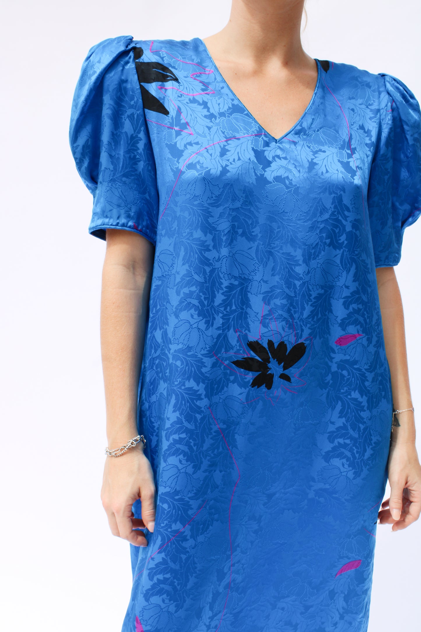 1980s Flora Kung Cobalt Blue Damask Puff Sleeve Midi Dress