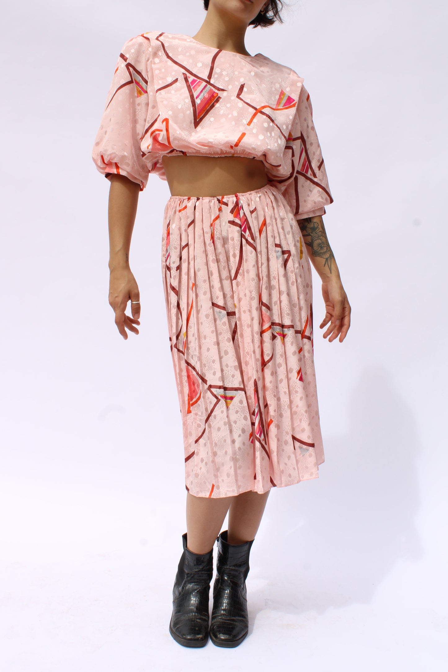 1980s Blush Polkadot Abstract Print Silk Midi Dress Set