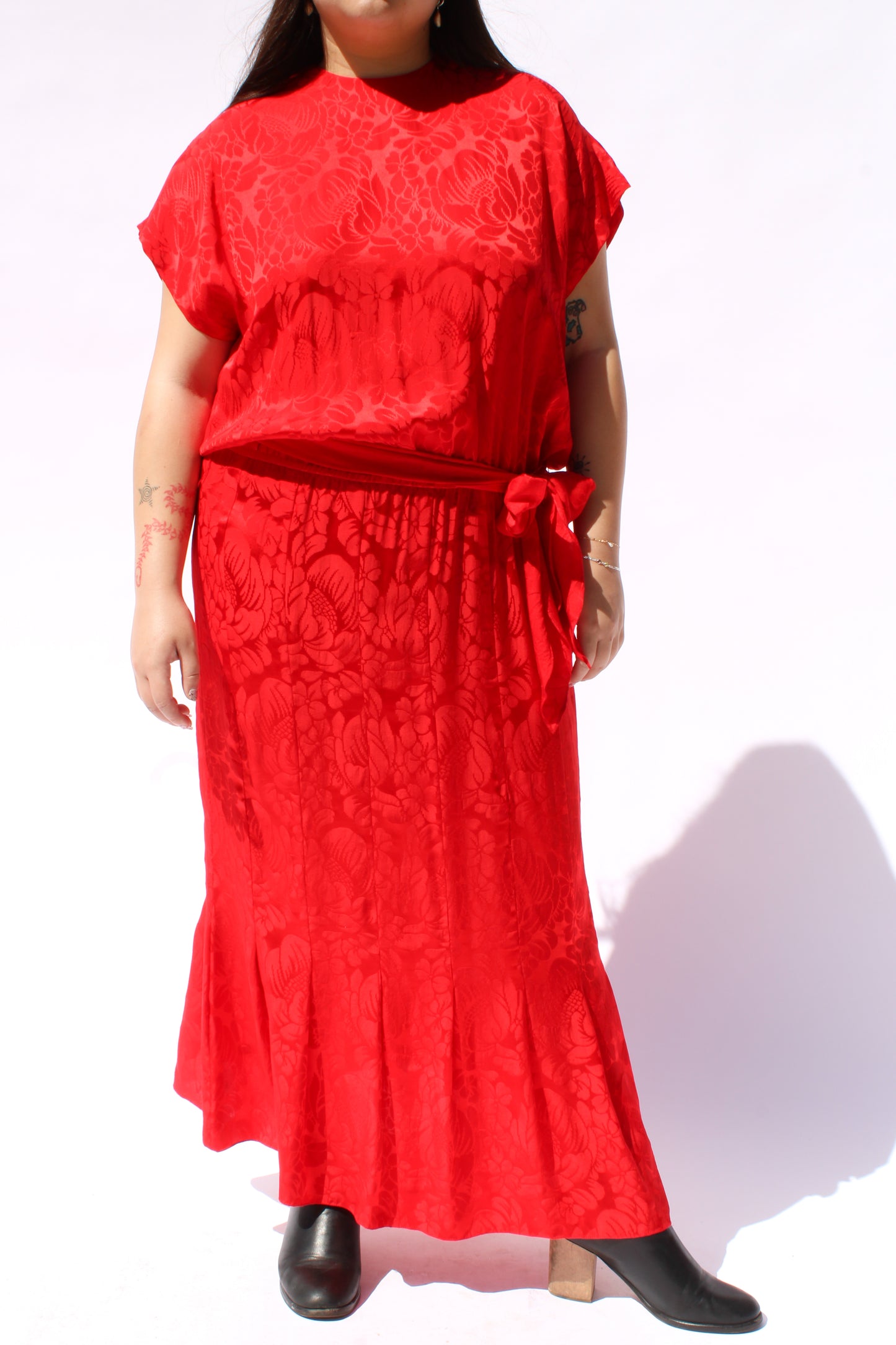 1990s Liz Claiborne Cherry Red Damask Print Silk Dress