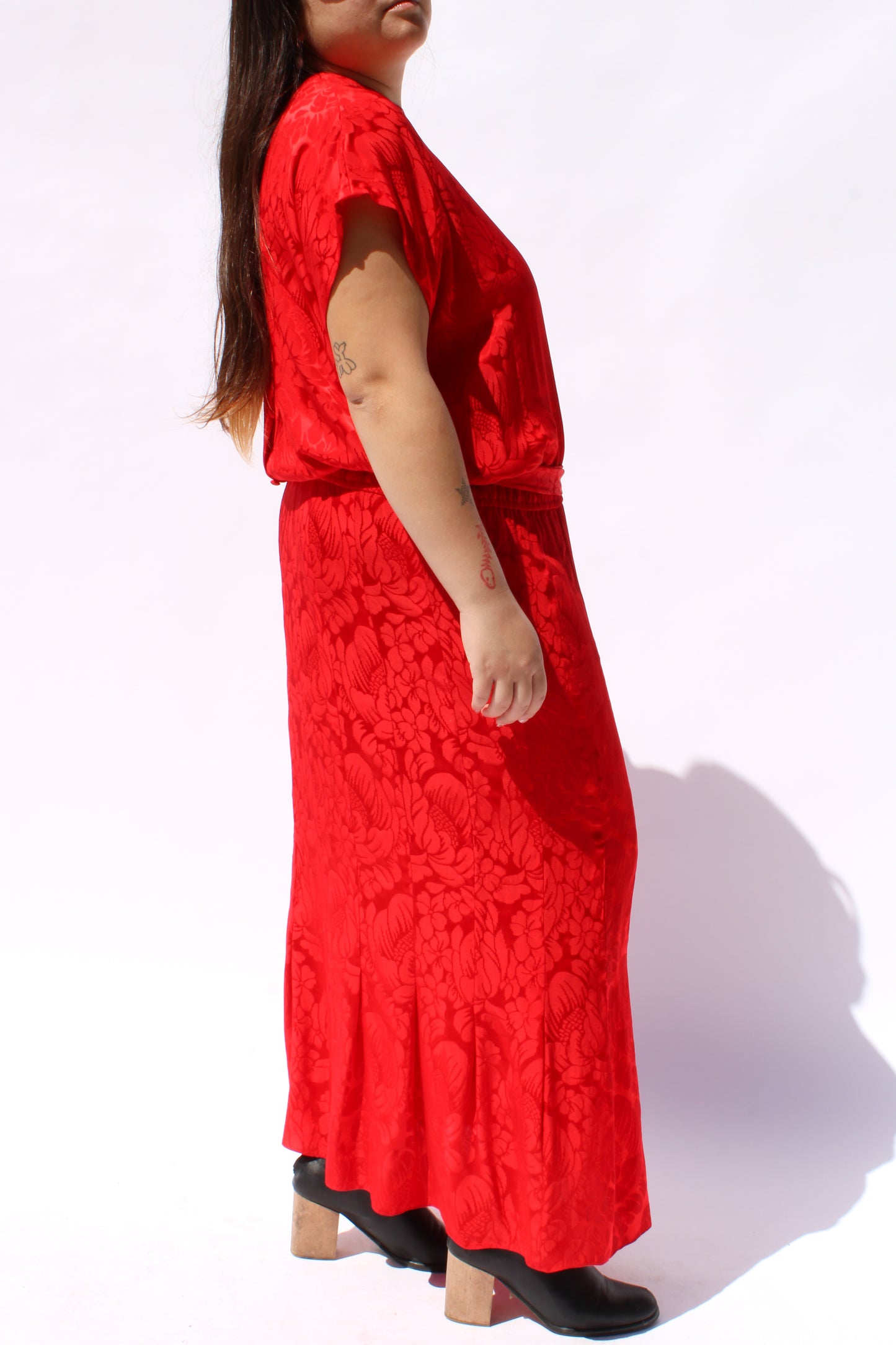 1990s Liz Claiborne Cherry Red Damask Print Silk Dress