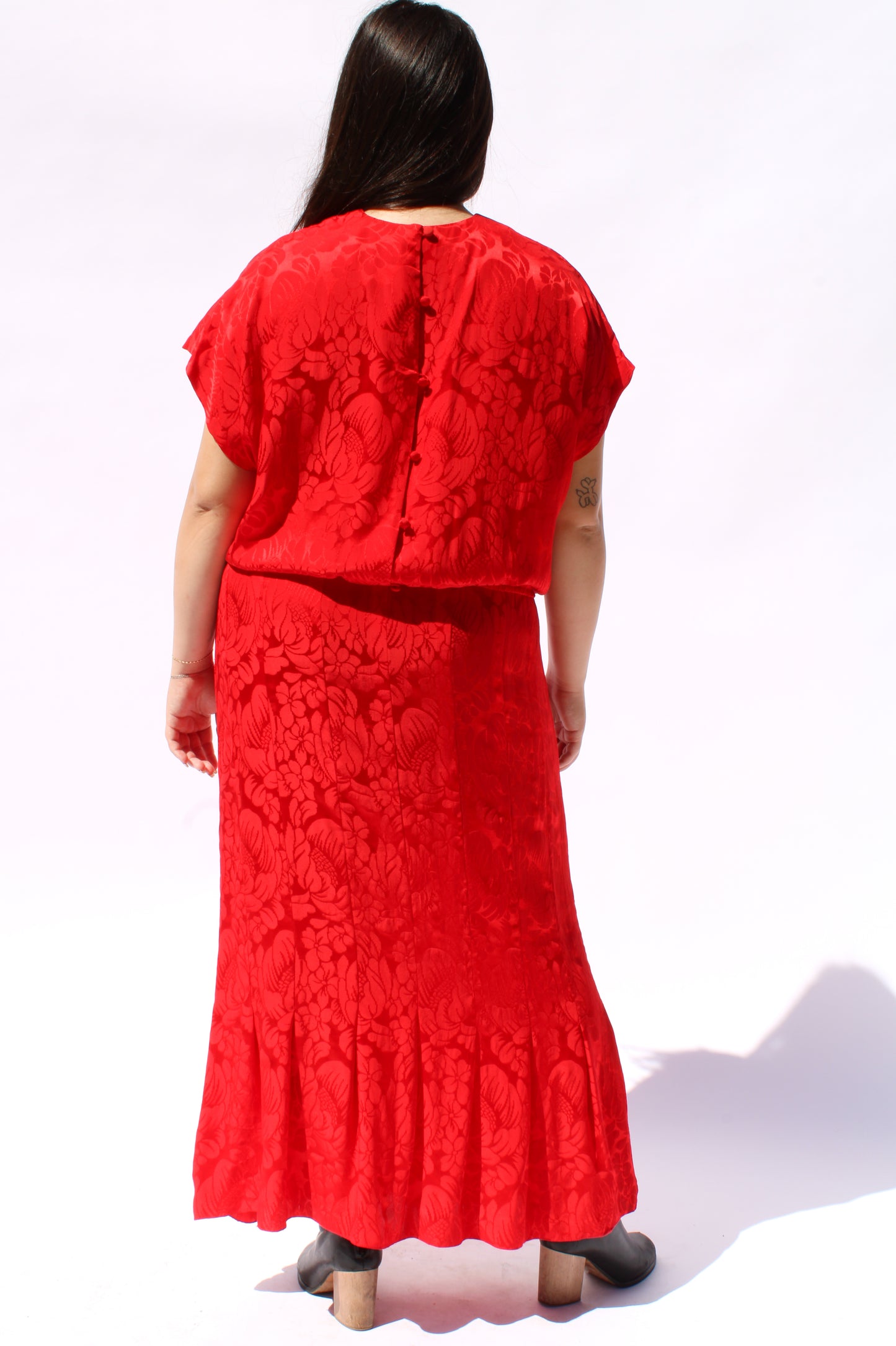 1990s Liz Claiborne Cherry Red Damask Print Silk Dress