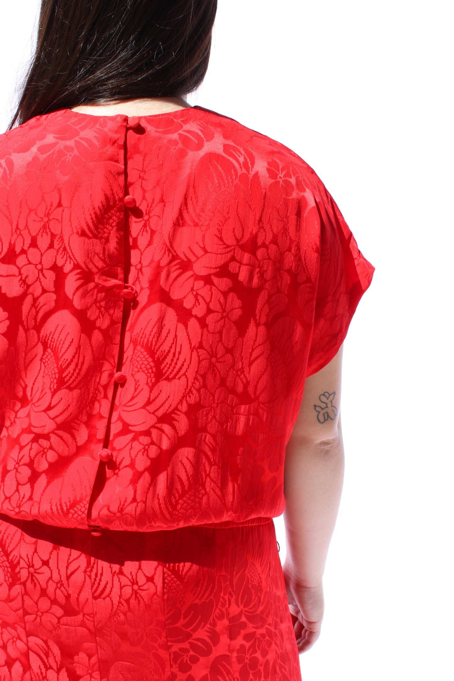 1990s Liz Claiborne Cherry Red Damask Print Silk Dress