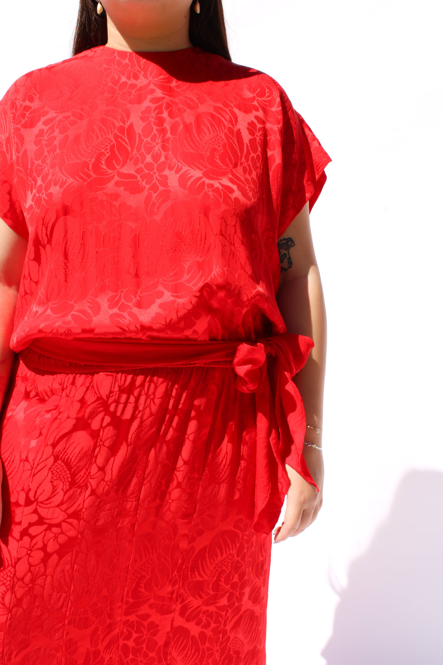 1990s Liz Claiborne Cherry Red Damask Print Silk Dress