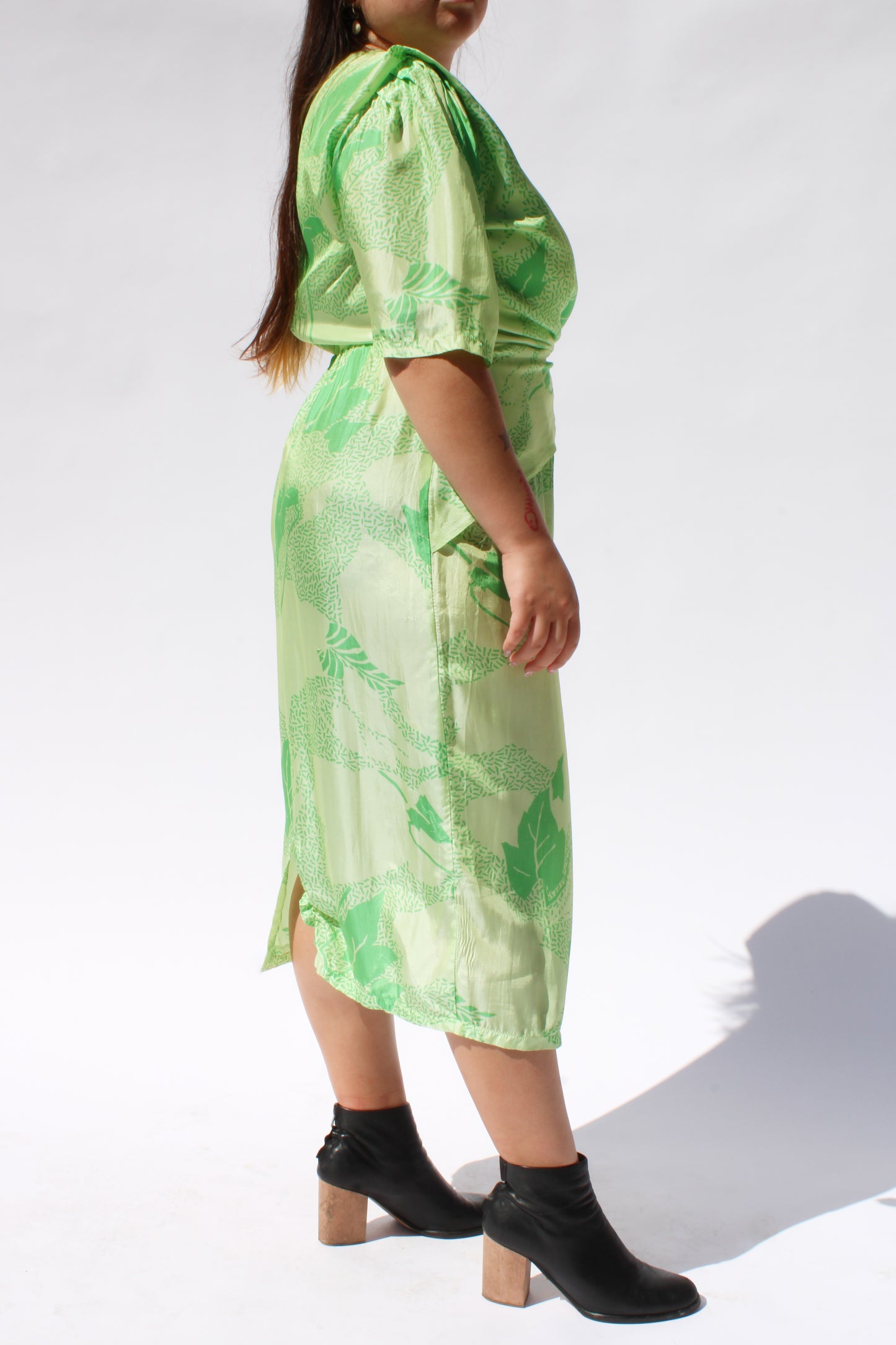 1970s Lime Green Print Wrap Style Midi Dress