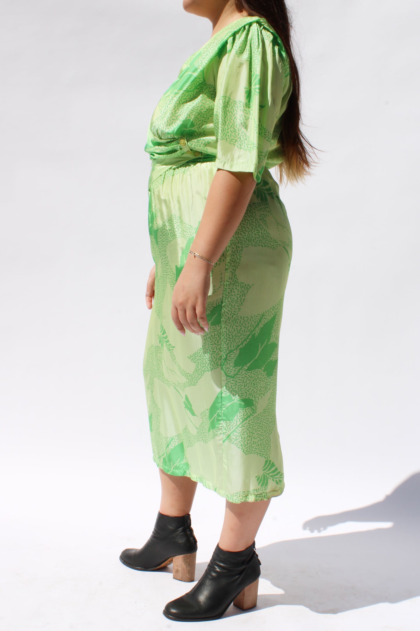 1970s Lime Green Print Wrap Style Midi Dress