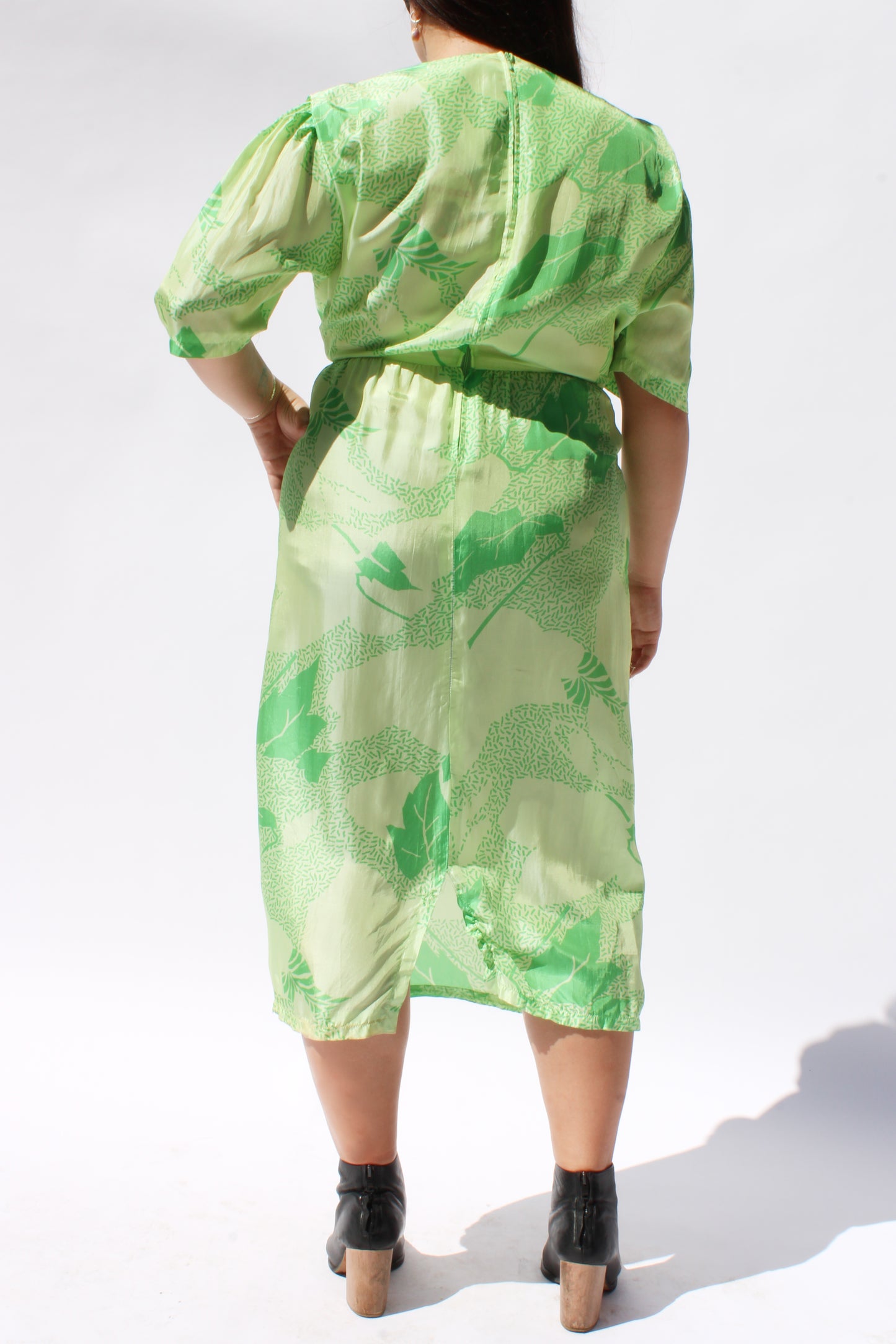 1970s Lime Green Print Wrap Style Midi Dress