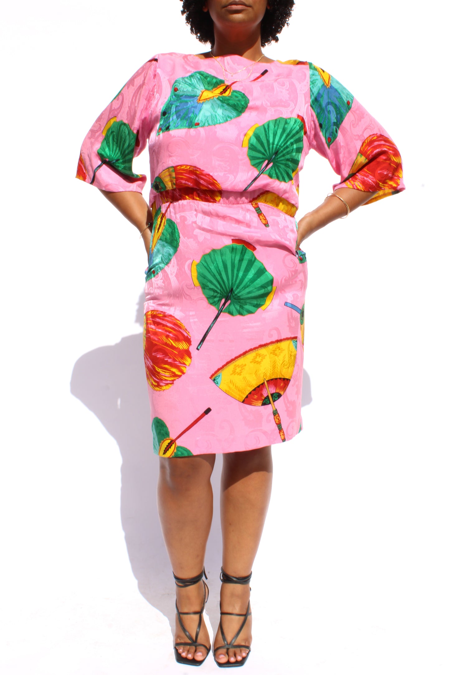 1980s Oscar de la Renta Silk Fan Print Midi Dress