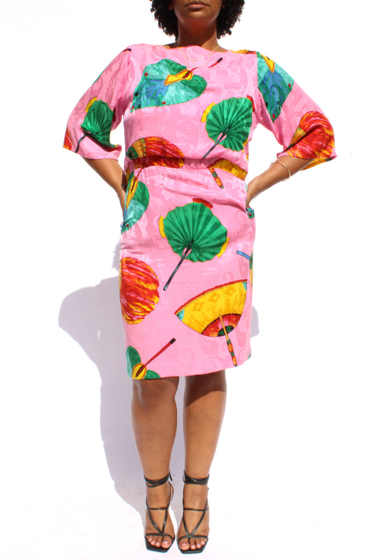 1980s Oscar de la Renta Silk Fan Print Midi Dress