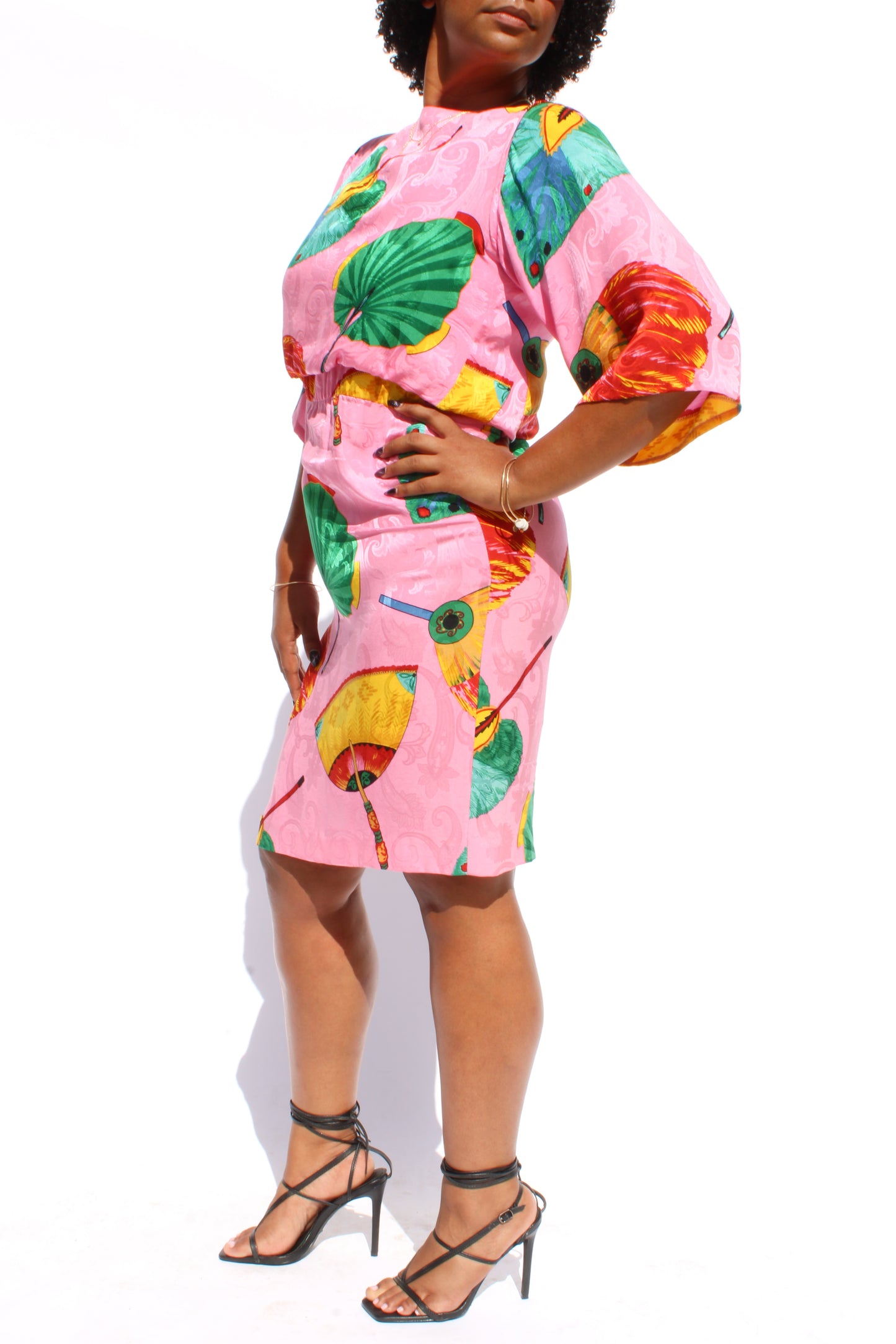 1980s Oscar de la Renta Silk Fan Print Midi Dress