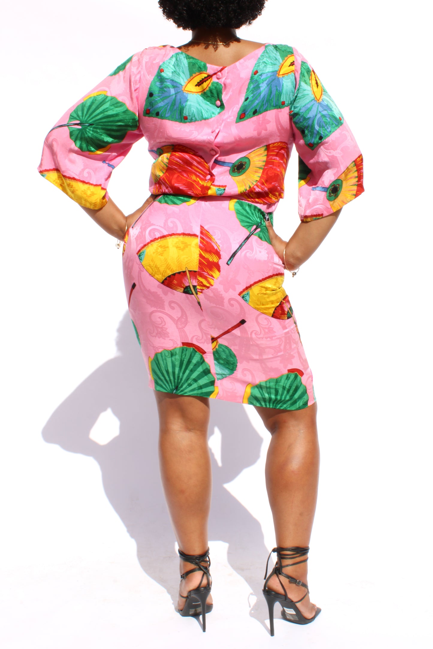 1980s Oscar de la Renta Silk Fan Print Midi Dress