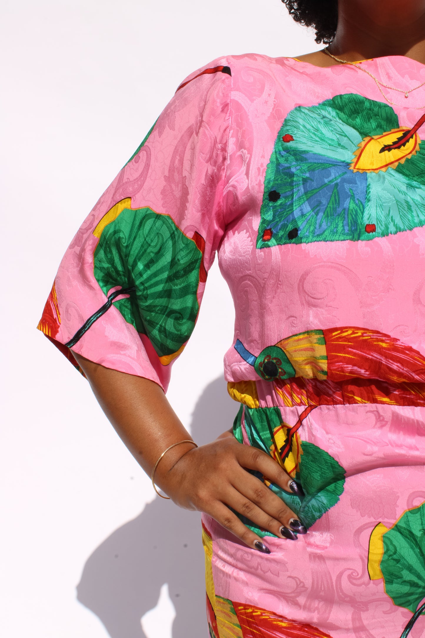 1980s Oscar de la Renta Silk Fan Print Midi Dress