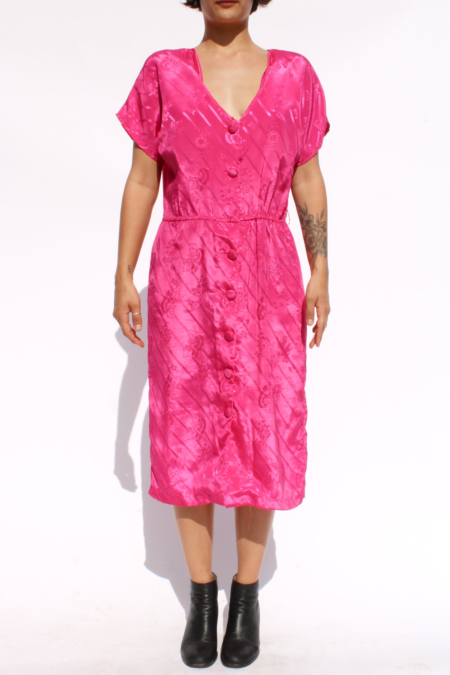 1980s Hot Pink Damask Midi Dress